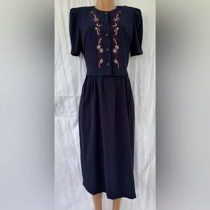 Dollcake Navy Midi Dress with Floral Embroidery